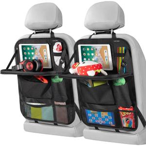 LUCMO Car Backseat Organizer with Touch Screen Tablet Holder,9 Storage Pockets Storage Organizer,Protectors Kick Mats Travel Accessories (Black, 2 Pack with Food Tray) (Midnight Raven)