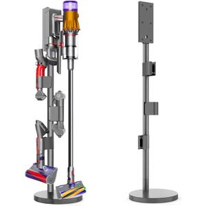 Vacuum Stand for Dyson V15 Detect, V12,V11,V10,V8, V7-Sturdy Aluminum Tube Storage Holder, 6.2 Lbs Steel Base,3 Accessory Clips for Up to 9 Attachments & Charger, with Trigger Lock.