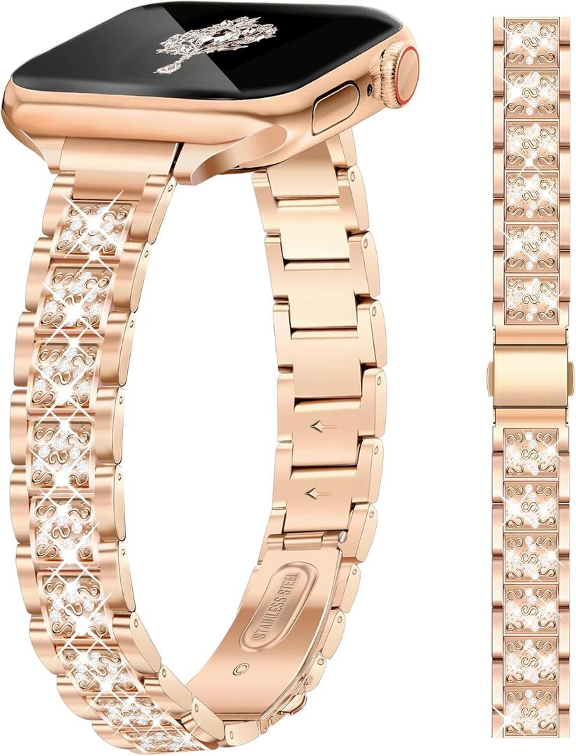 Slim Rose Gold Bling Watch Band Women Compatible with Apple Watch 38mm 40mm 41mm 42mm (S10) Jewelry Replacement Sparkly Diamond Metal Thin Strap for iWatch Series 10/9/8/7/6/5/4/3/2/1/SE