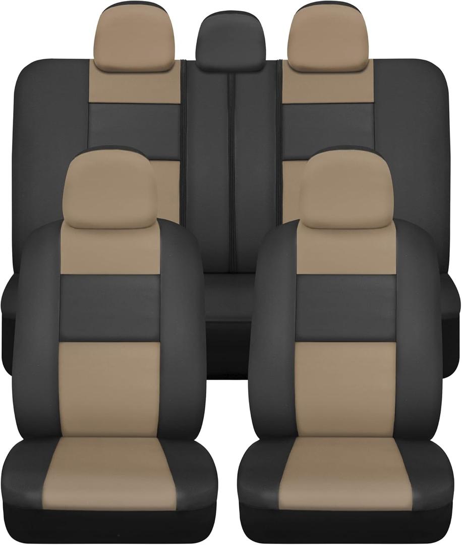 BDk Faux Leather Car Seat Cover Full Set - Front & Rear Split Bench Beige Seat Covers for SUV & Truck Seat Covers, Airbag Compatible - Interior Protective Seat Covers for Car Seats & Car Accessories