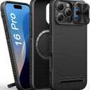 for iPhone 16 Pro Case Built-in Slide Camera Cover, Military-Grade Protection, Slim Compatible with MagSafe, Magnetic with Stand, Men Women Protective Phone Case for iPhone 16 Pro, Black