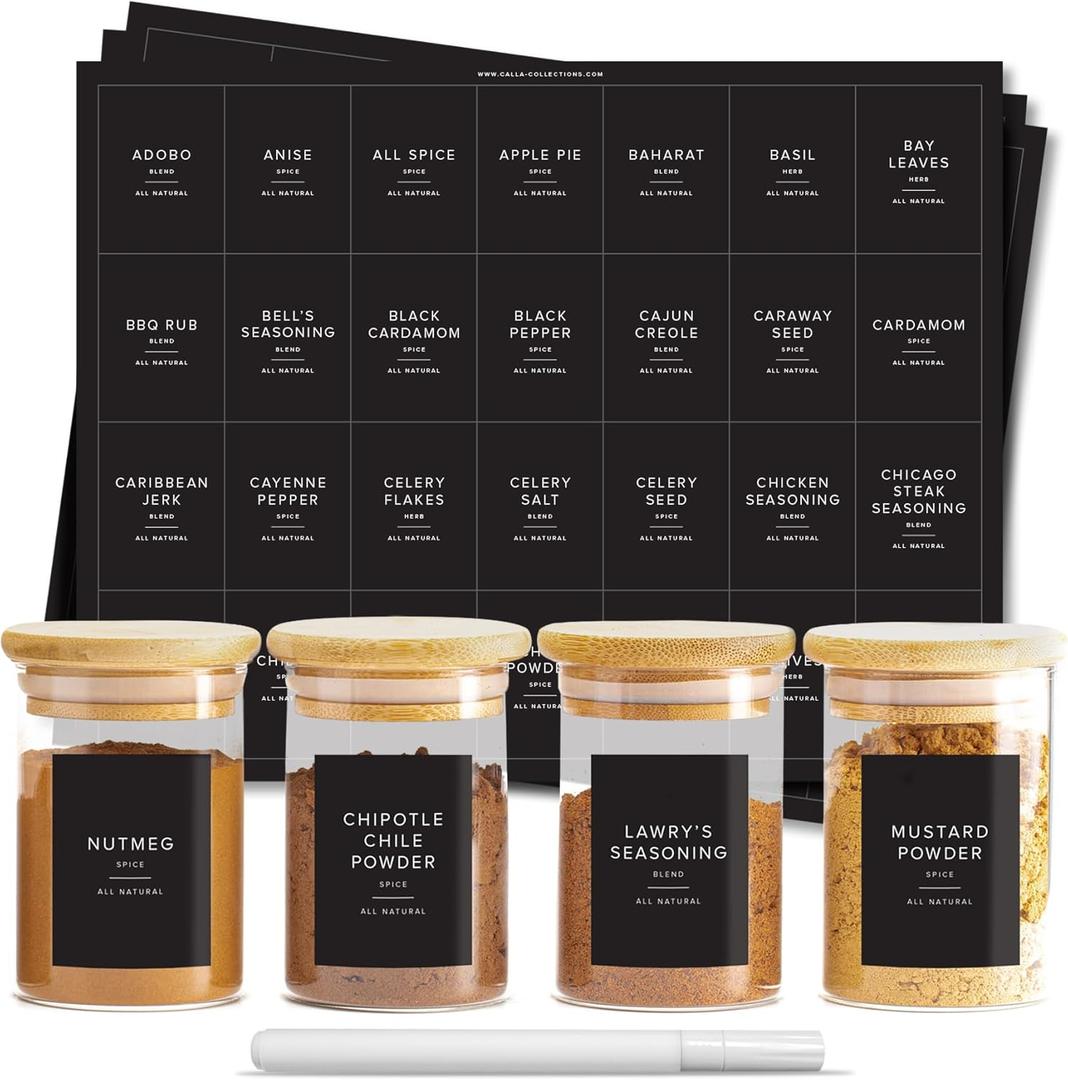 230 Black Spice Labels by ThreeKin | Waterproof & Oil-Resistant Pre-Printed Stickers for Spice Jars | Durable, BPA-Free Seasoning Labels | Easy-Clean, No-Residue Design | Proudly Female & USA Owned