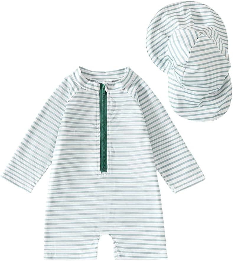 Baby Boys' One Piece Swimsuits Toddler Swimwear with Rash Guard Infant Bathing Suit for Boys Swim Sun Hat Set (US, Age, 6 Months, 12 Months, Green Stripe)