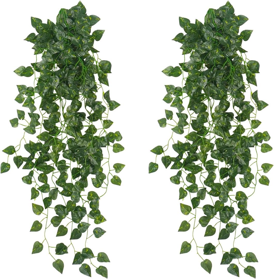 Uieke 2Pcs Fake Plants for Outside Fake Plant Decor 3.1ft Artificial Hanging Plants Fake Ivy Vine Faux Greenery Vine Plant for Home Room Wall Pot Hanging Planter Indoor Outdoor Dcor (Green Radish)