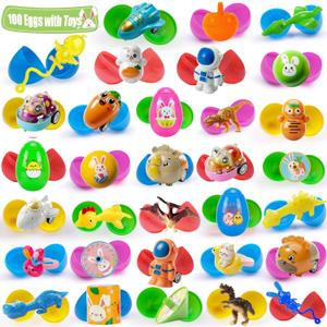 SQZUWIT 100 Pcs Prefilled Easter Eggs Filled with Toys Inside for Kids Boys Girls Pre-filled Easter Hunt Basket Stuffers Essentials Fillers Party Favors Classroom Prize Supplies