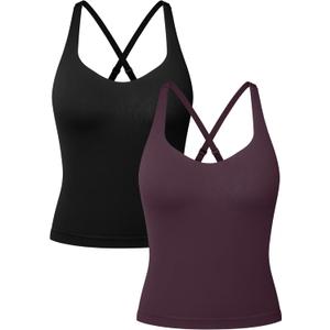 OQQ V Neck Cross Back Sports Bra for Women Padded Adjustable Straps Medium Impact Gym Workout Tank Top 2 Pack, L