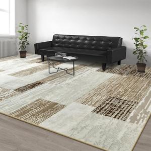 Large Area Rugs, Modern Geometric Patchwork Floor Decor for Bedroom Aesthetic Carpet, Rockwood Collection, Indoor Rugs for Living Room, Dining Room, Nursery, Office, Machine Washable Rug, 4x6 Ft Beige