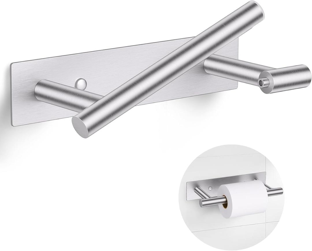 Brushed Nickel Toilet Paper Holder, Adhesive or Screw Toilet Roll Holder Wall Mount, SUS304 Stainless Steel Double Post Pivoting Toilet Roll Holder for Bathroom, Kitchen, Washroom