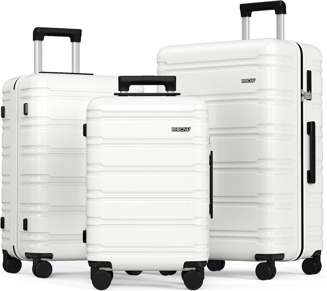 BEOW 3 Piece Luggage Sets With Spinner Wheels TSA Lock Expandable Durable Polycarbonate Hardside Lightweight Suitcase For Men Women Zipper Travel Luggage Set 3 Pcs 20/24/28Inch Beige