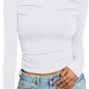 Trendy Queen Women's Long Sleeve Shirts 2025 Ruched Boat Neck Business Casual Tops Fitted Crop Cute Spring Outfits (White, M)