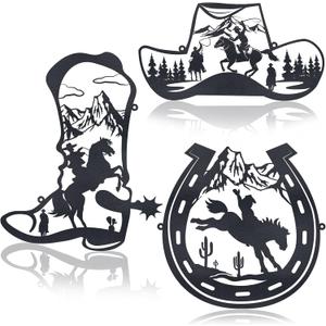 Pinkunn 3 Pcs 9.8 Inch Metal Horseshoe Western Home Decor Western Party Decorations Cowboy Wall Sculptures Hat Boot Art Rustic Hanging Country Wall Decor Christmas for Home Bathroom Bedroom(Black)