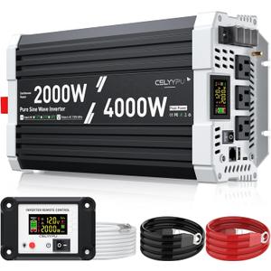 2000 watt Pure sine Wave Inverter, 12V DC to 110V AC Power Inverter, Used for Solar Emergency Power Supply in RV Homes, with 3 AC Output sockets, USB Port, Type-C Port, Remote Control with LCD Screen