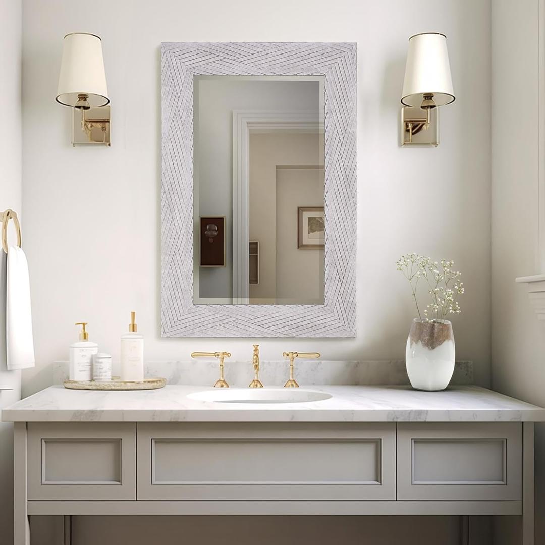 Howard Elliott Collection Buckram Rectangular Wall Mirror, Gray Woven Faux Cut Pattern Frame, Decorative Vanity Mirror for Bathroom, Bedroom, Living Room & Hallway Wall Display, 35.1 x 23.1 Inch