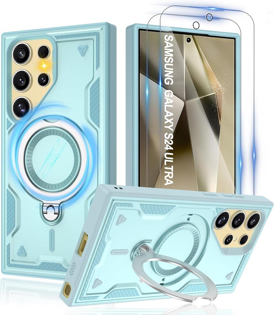 Gritup for Samsung Galaxy-S24 Ultra Case with Magsafe & [HD Screen Protector2][Anti-Fingerprint], 360 Metal Rotated Kick stand, Military Grade Shockproof Protective for Galaxy S24 Ultra Case, Light Blue
