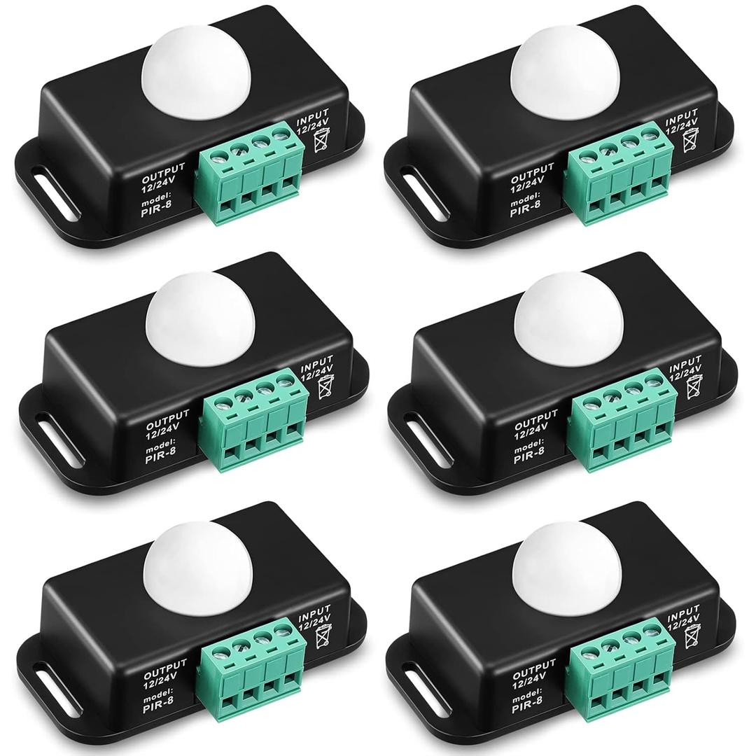 6 Pack 12V 24V PIR Sensor LED Motion Sensor Motion Detector Light Switch Body Infrared Sensing Timer Function Sign Control PIR Controllerfor Flexible LED Strip Lights(Black)