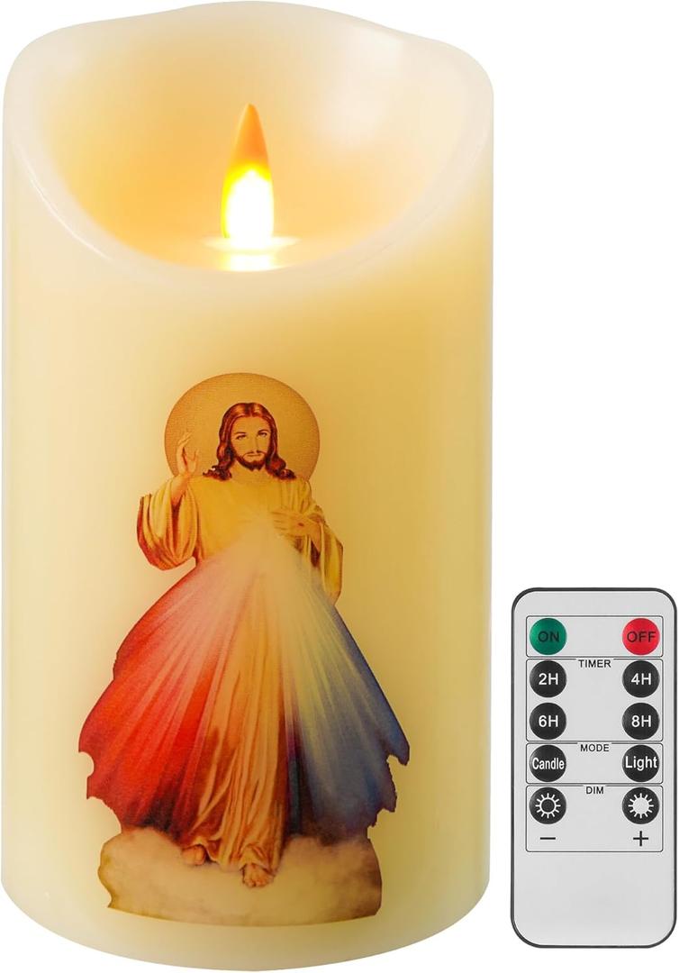 QQFCTOO LED Prayer Flameless Candle with Remote Timer, Battery Powered Candle, Religious Candle, Real Wax, for Home Altar, Church, Devotional,6" x 3.2"Jesus