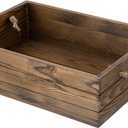 MyGift 15 Inch Large Rustic Brown Solid Wood Decorative Storage Box with Rope Carrying Handles, Country Style Wooden Crate, Farmhouse Pallet Design Open Top Bin