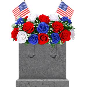 Memorial Day Decorations for Cemetery, Saddle Headstone Artificial Red White and Blue Roses with American Flags for Patriotic 250th Anniversary 4th of July Tombstone Outdoor Decor