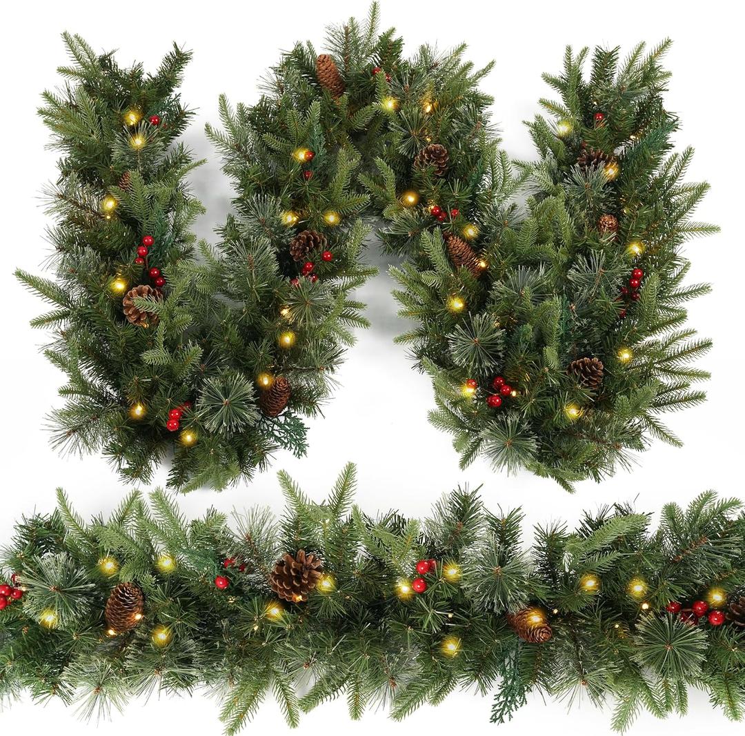 Christmas Garland Prelighted 9ft with 50 Lights, Christmas Decor with 50 Light Pine Cone Red Berries Timer for Mantle Staircase Indoor and Outdoor