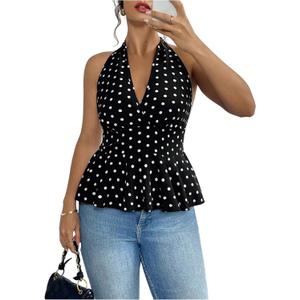Women's Plus Size Polka Dots Halter Top Tie Backless Sleeveless Ruffle Going Out Tank Tops (3X-Large Plus, Black and White)