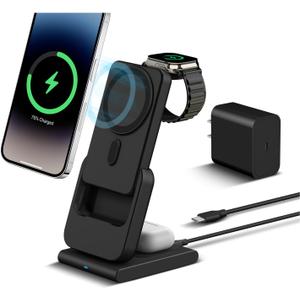 DDUAN 3 in 1 Wireless Charging Station, Foldable Fast Charger Stand with 5000mAh Mag-Safe Portable Battery Bank for iPhone 16/15/14/13/12, for All Apple Watch, for AirPods 2/3/Pro (Black)