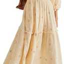 ABYOVRT Women Floral Embroidered Maxi Dress Long Puff Sleeve Square Neck Bohemian Flowy Dress with Pockets Summer Fall, and T-Shirt L