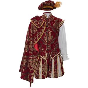 Willyacos Men's Tudor Elizabethan Period Costume Royal Pince Tudor King Costume Nobleman Costume Vest Pants Hat Cape (Medium, Red)