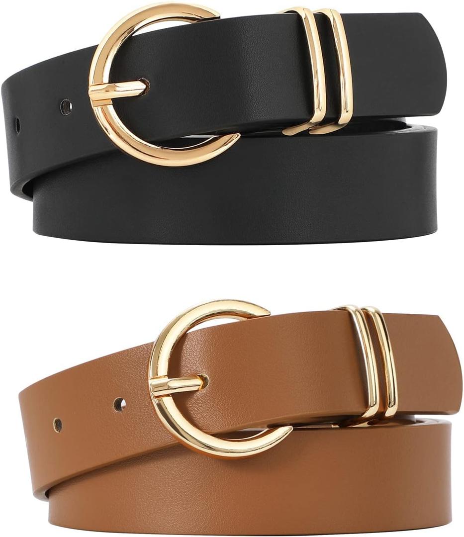 VONMELLI 2 Pack Women's Leather Belts for Jeans Dresses Fashion Gold Buckle Ladies Belt (M: Fit Waist Size 31-36 Inches, A-black+brown)