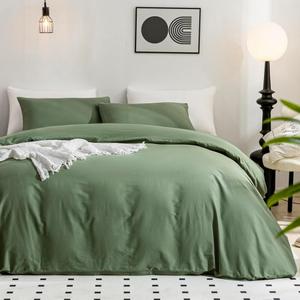 Green Duvet Cover Queen Size - 100% Washed Cotton Linen Feel Textured Comforter Cover, 3 Pieces Breathable Soft Bedding Set with Zipper Closure (Green, Queen 90"x90")