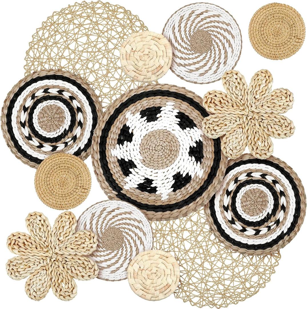 Glenmal Set of 13 Boho Wall Basket Decor Woven Rattan Flat Baskets Handmade Boho Wicker Bamboo Seagrass Wall Hanging Decor for Bedroom Living Room Dining Room Office Ready to Hang (Bohemian)