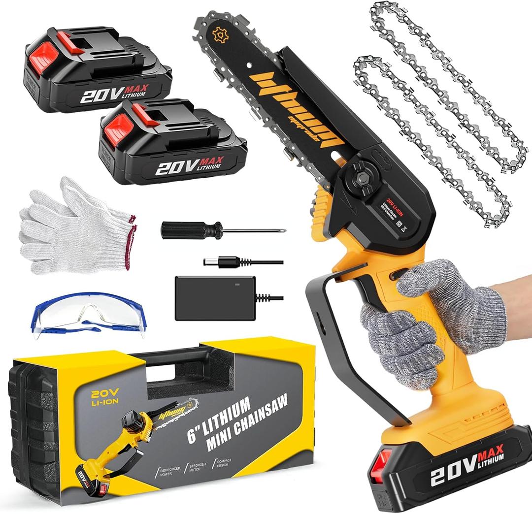 Mini Chainsaw 6-Inch with 2 Battery Mini Electric Chain Saws Cordless Handheld Portable Small Chainsaw for Wood Cutting (A-yellow Mini Chainsaw 6-inch With 2 Battery)
