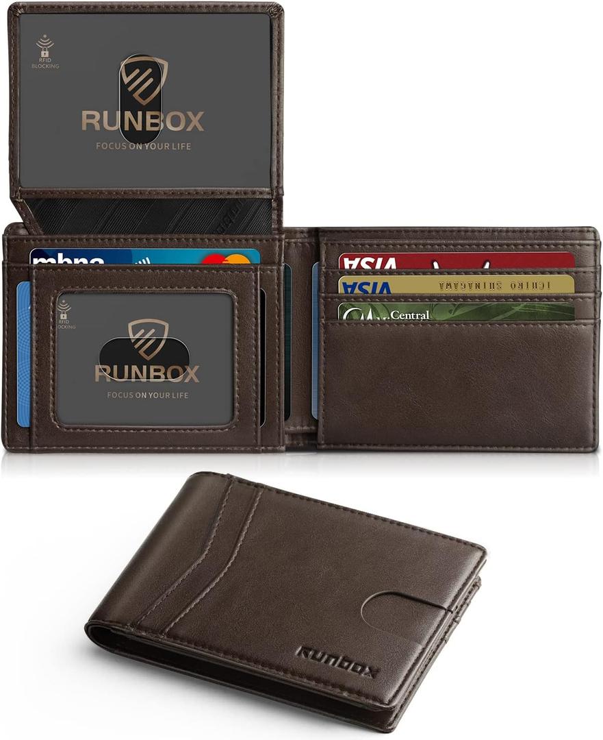 RUNBOX Wallet for Men Slim Rfid Leather 2 ID Window With Gift Box (Classic Coffee-15 slots)