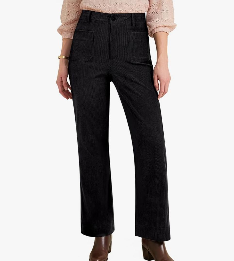 Corduroy Pants Women High Waisted Wide Leg Trendy Patch Pocket Fall Winter Dressy Casual Elastic Waist Trousers Medium Black