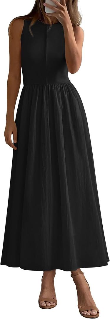 PRETTYGARDEN Maxi Dresses for Women 2025 Summer Casual Sleeveless Patchwork Flowy Vacation Sundress Knit Long Work Tank Dress (Medium, Black)