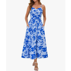 Annebouti Women 2025 Summer Fall Ruched Maxi Dress Adjustable Spaghetti Strap Floral Beach Long Sundress with Pockets, Size large