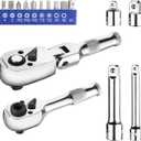 WORKPRO Flex Head Stubby Ratchet & Bit Driver Set 16 PCS, 1/4", 3/8" Drive Ratchet Handle Wrench, 72-T Quick-Release Reversible Socket Wrench, 2 Socket Adapters, 2 Extension Bars, 10 PCS 1/4" Hex Bits