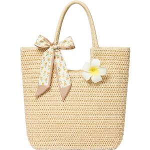 Straw Tote Bag for Women, Large Summer Beach Bag with Polka Dot Scarf & Plumeria Flower (Beige)
