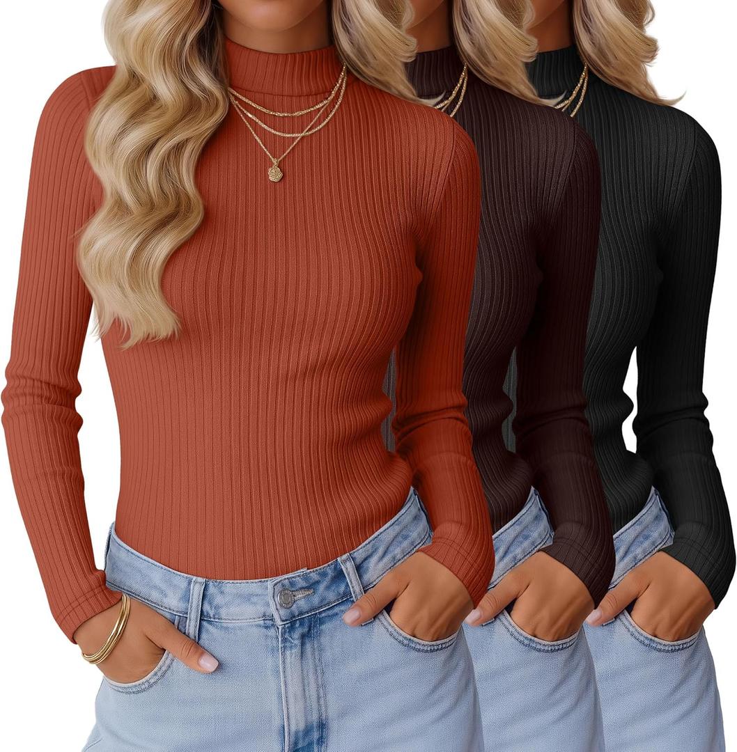 Xaatren 3 Pack Women's Mock Turtleneck Tops Ribbed Long Sleeve Shirts Mock Neck Slim Fit Undershirt Casual Basic Layering Tee (Black, Brown, Pumpkin)