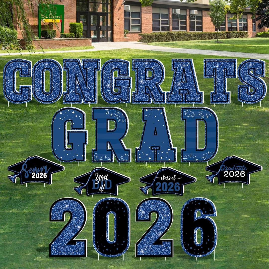 20 PCS Graduation Decorations, Blue Congrats Grad 2026 Lawn Stakes, Class of 2026 Graduation Yard Signs with Stakes, Weatherproof Graduation Outdoor Decor Set for College High School Grad Party