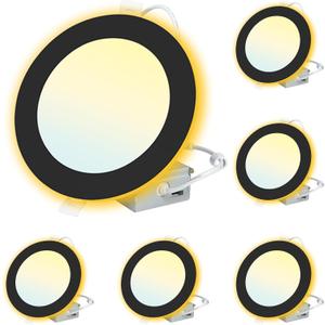 6 Pack Black Recessed Lighting with Night Light 6 Inch, 2700K 3000K 3500K 4000K 5000K Selectable, Canless Wafer Light, 12W, 120V, 1100LM, Dimmable, ETL FCC