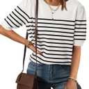 ZESICA Women's Casual Striped Tops Short Sleeve Crew Neck Ribbed Knit T Shirts Comfy Loose Basic Pullover Sweater (White, M)