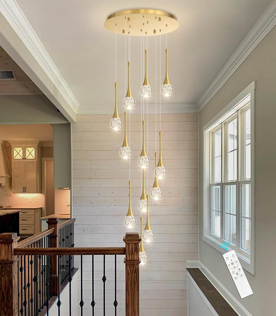 118 inches Modern Glam Crystal Chandelier for High Ceiling LED Dimmable Ceiling Pendant Light Staircase Foyer Enterway Living Room Chandelier Lighting Antique Gold 12 Lights, 12 Lights Round