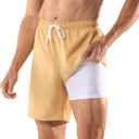 BRISIRA Mens Swim Trunks Swim Shorts 7 inch Compression Liner Bathing Suit Beach Shorts Swimwear Stretch Quick Dry Pockets | 7" Swim Shorts, 2 in 1 Bathing Suit, Anti-Chafe, Soft Stretch Fabric, Beach Swimsuit, Board Shorts, Swim Suits, Drawstring (Yellow, XL)