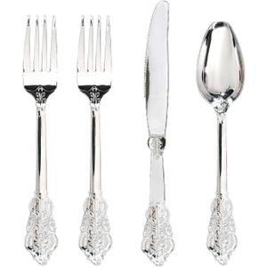 WDF 200 Pieces Silver Plastic Silverware Disposable - 50Guests Silverware Plastic Cutlery - Disposable Utensils Includes 100 Forks, 50 Spoons, 50 Knives Perfect for Christmas Wedding or Party