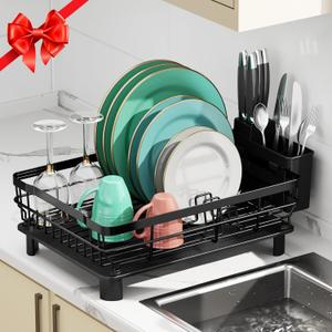 MOUKABAL Dish Drying Rack, Dish Rack, Stainless Steel Dish Racks for Kitchen Counter, Dish Drainer with Removable Utensil Holder, Drainboard (Black) (A-black)