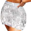 REETAN Fringe Sequin Skirt Belly Dance Sparkly Tassel Skirts for Women Silver