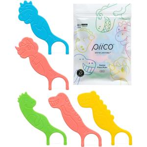 Piico Unflavored Kids Floss - No Fluoride Dual Line Dental Floss Picks - Fun Oral Care in Colorful Floss Sticks Design - Kids Flossers Avoid Tooth Decay & Gum Disease - 80 Count Dino