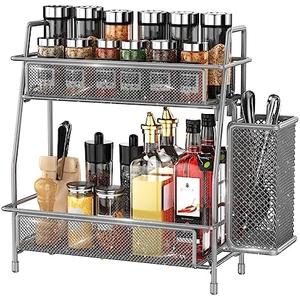 LEMIKKLE Spice Rack Organizer for Kitchen Counter, Spices Organizer and Storage Seasoning Organizer for Cabinet, Kitchen Metal Countertop Organizer with Side Basket (Grey)