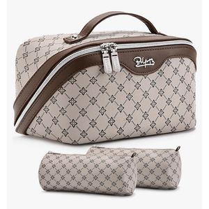 BOYATU Travel Makeup Bag Cosmetic Bags for Women: 3 Pcs Set Large Capacity Make up Bag with Handle - Vegan Leather Toiletry Bags with Compartments - Makeup Organizer for Travel Essentials(A-2-Khaki)