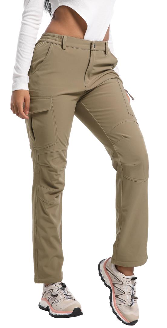 AREOUTS Women's Snow Ski Pants Fleece Lined Waterproof Softshell Insulated Winter Outdoor Hiking Cargo Pants Khaki XL (XL)